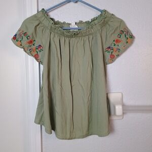 Isa & Ella Off The Shoulder Floral Embroidered Top‎ Women's Size Large Green